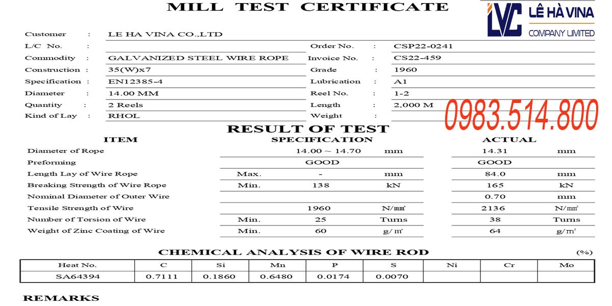 Chứng chỉ CQ của dây cáp thép chống xoắn